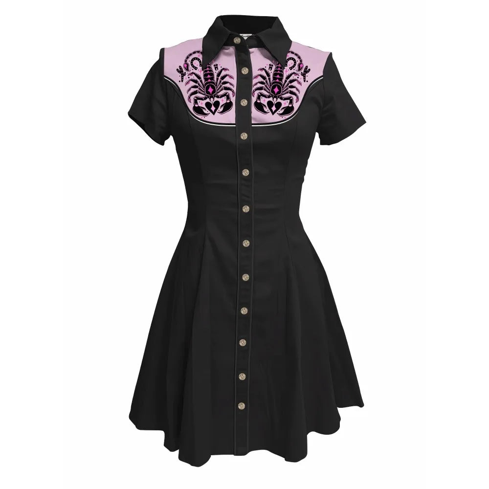 Short Sleeve Western-Style Button-Front Shirt Dress with Scorpion Yoke Graphic