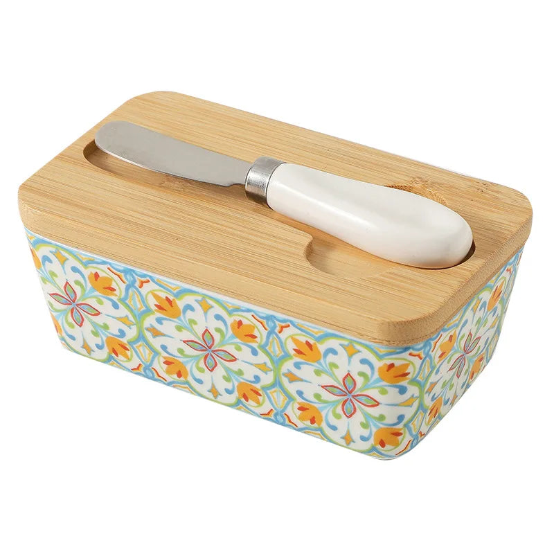 Americana Pastoral Ceramic Butter Dish with Bamboo Lid & Knife