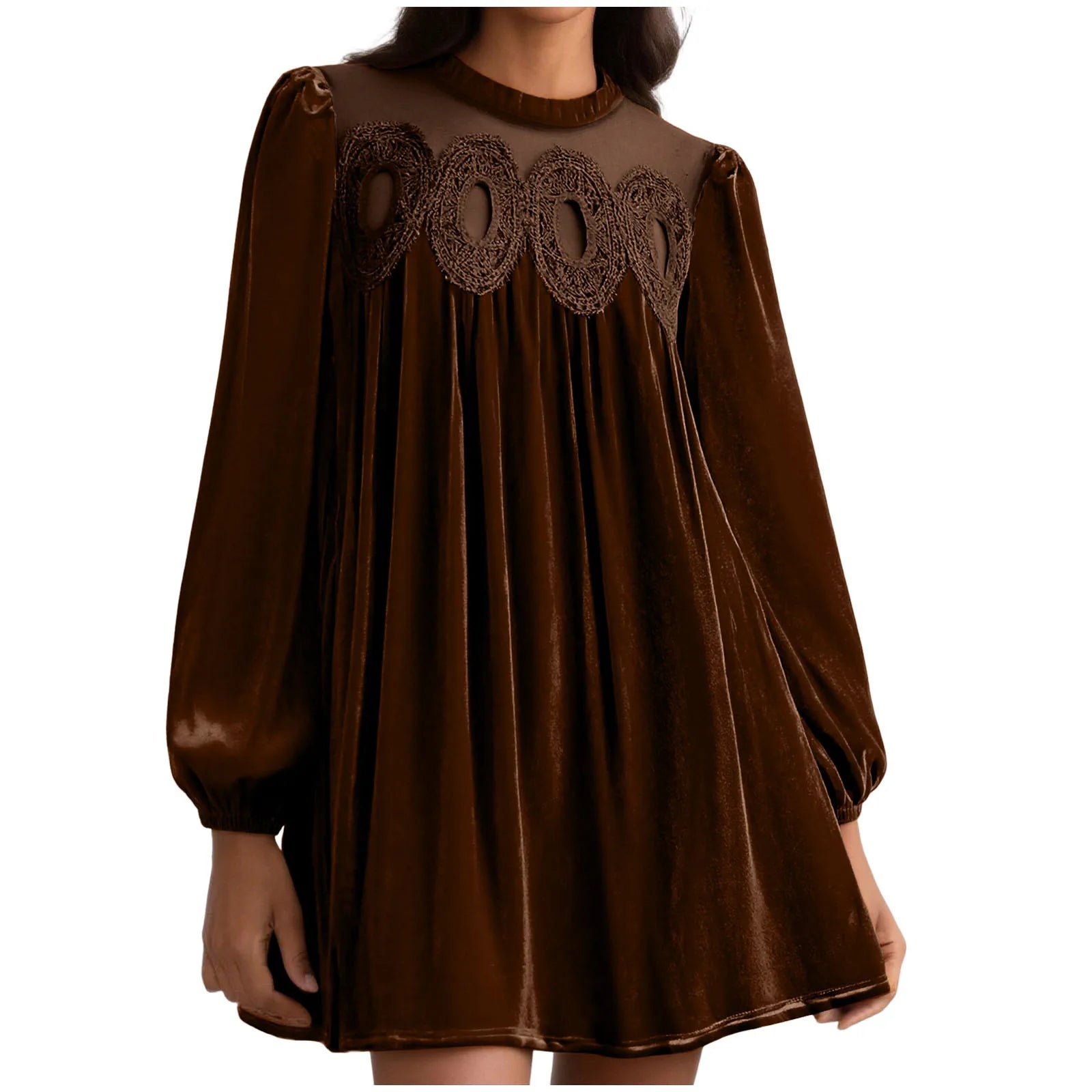 Velvet Long Sleeve Mini Dress with Embroidered Yoke
