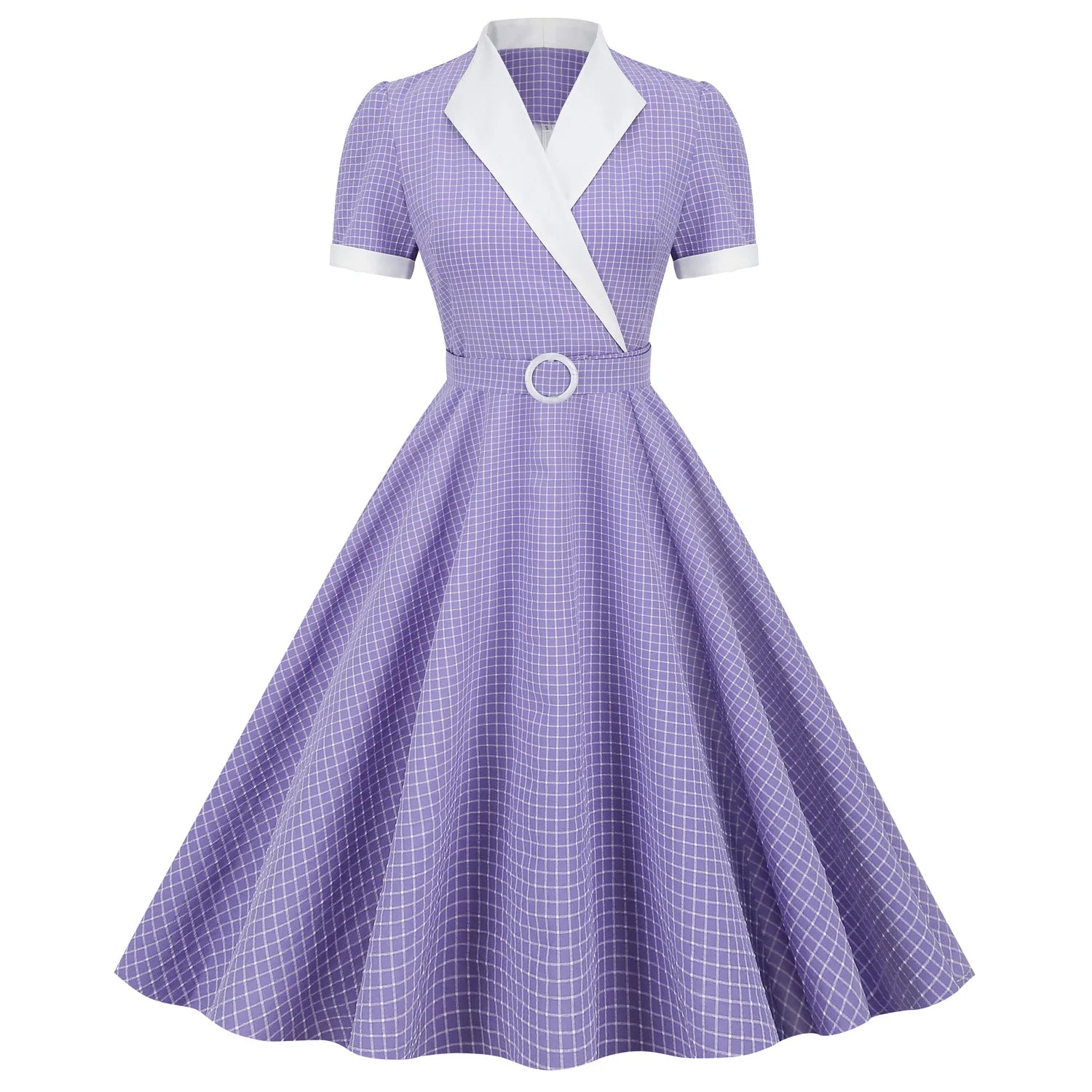 Women Vintage Gingham Dress V-Neck 1950s Swing Dress Rockabilly Cocktail Tea Party Dress WIth Belt Casual Dress Plaid Dress