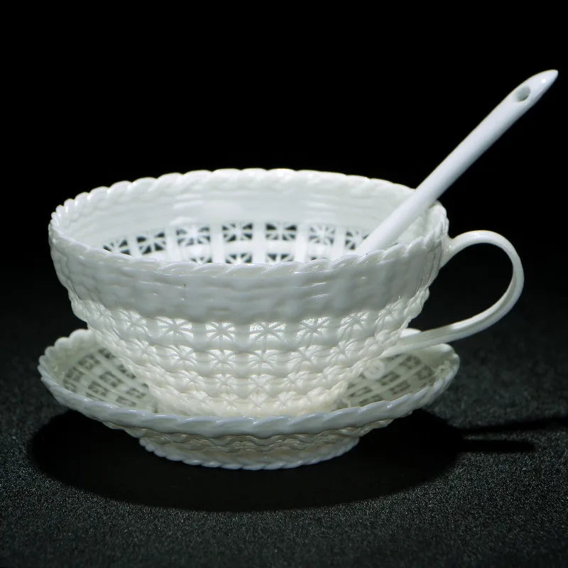 Antique Style Woven-Relief Ceramic Coffee Cup & Saucer Set