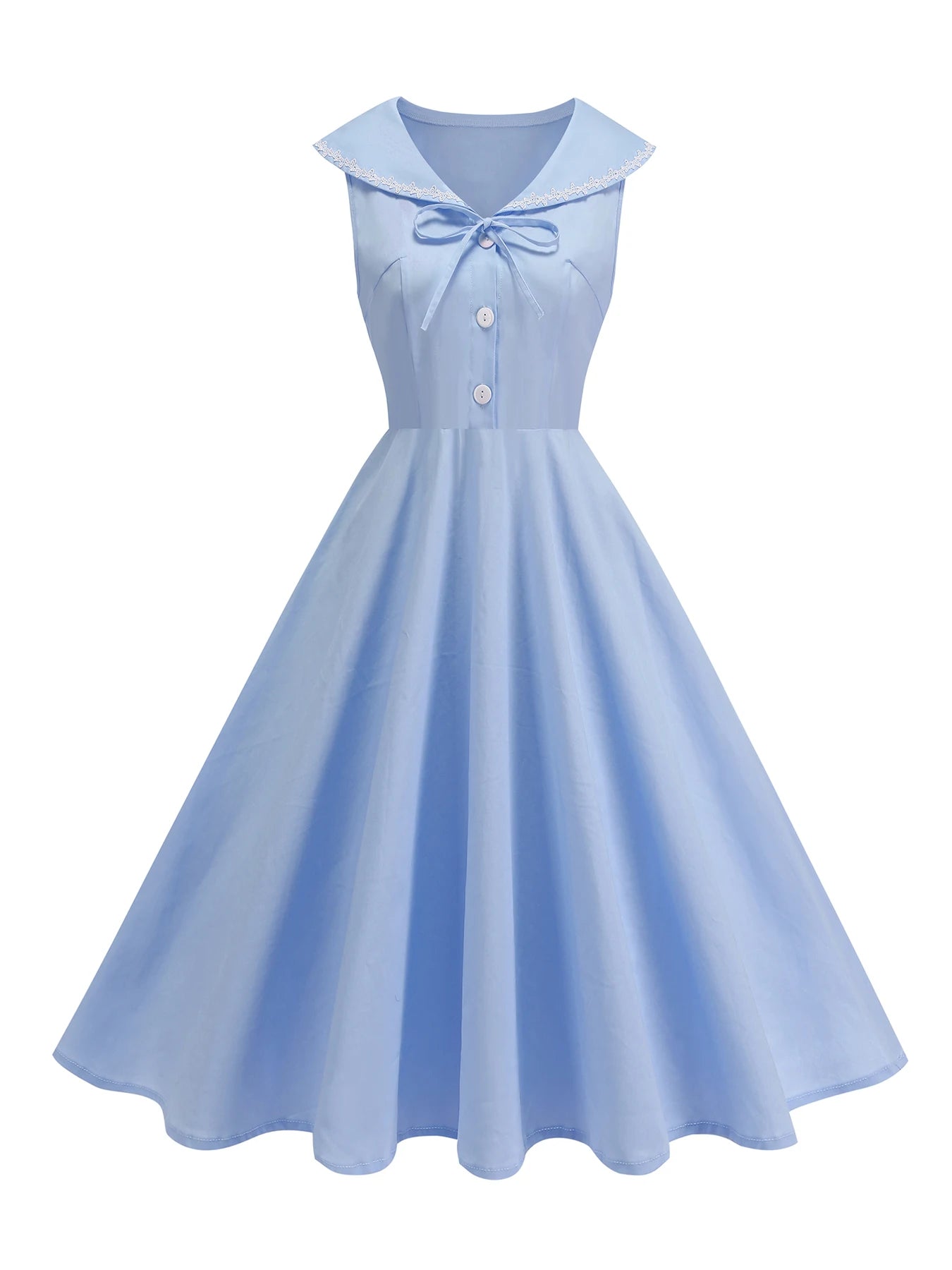 Sailor Collar Sleeveless Midi Dress with Button Front