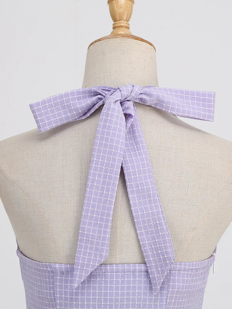 Halter Grid Print Fit & Flare Dress