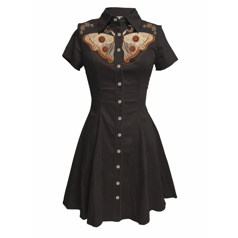 Short Sleeve Button-Front Shirt Dress with Moth Design