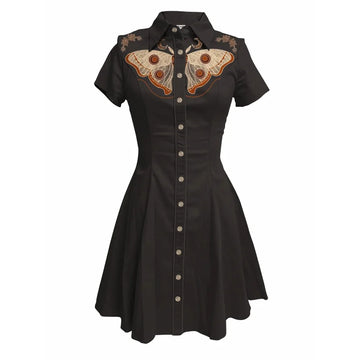 Short Sleeve Button-Front Shirt Dress with Moth Design