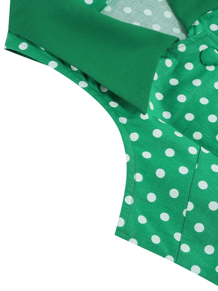 Sleeveless Polka Dot Bodice Midi Dress with Collar