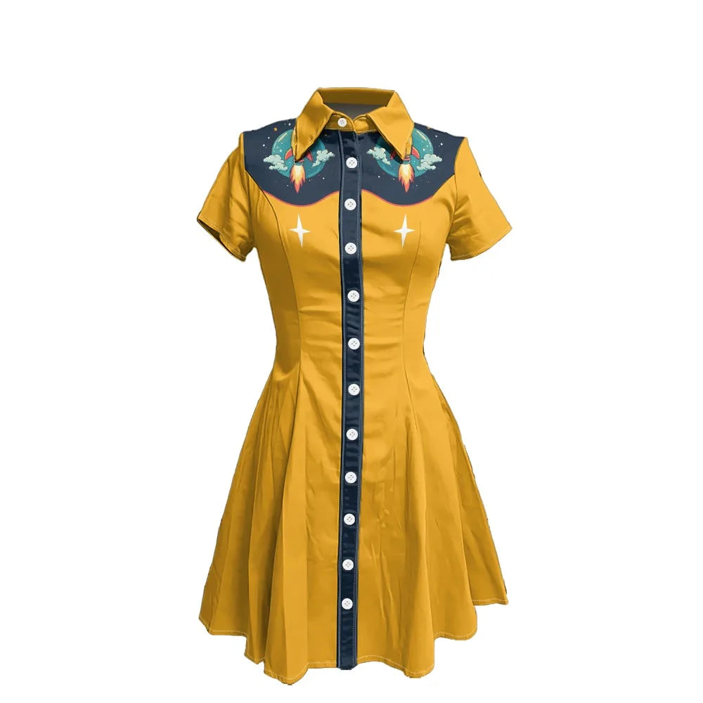 Short Sleeve Western-Style Button-Front Shirt Dress with Rocket Yoke Print