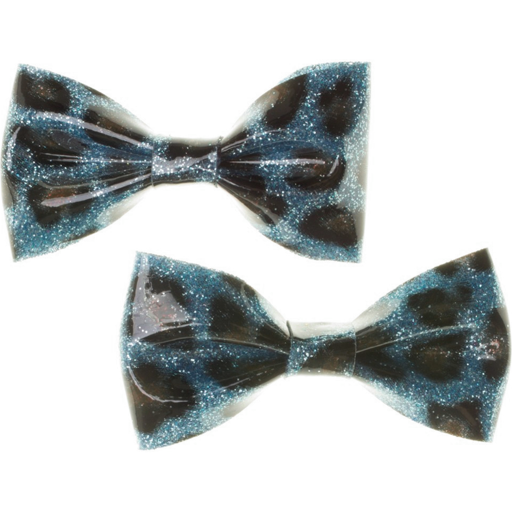 Sourpuss Blue Leopard Glitter Hair Bows Set of 2 | Rockabilly Hair Accessories Leopard Print Hair Clips