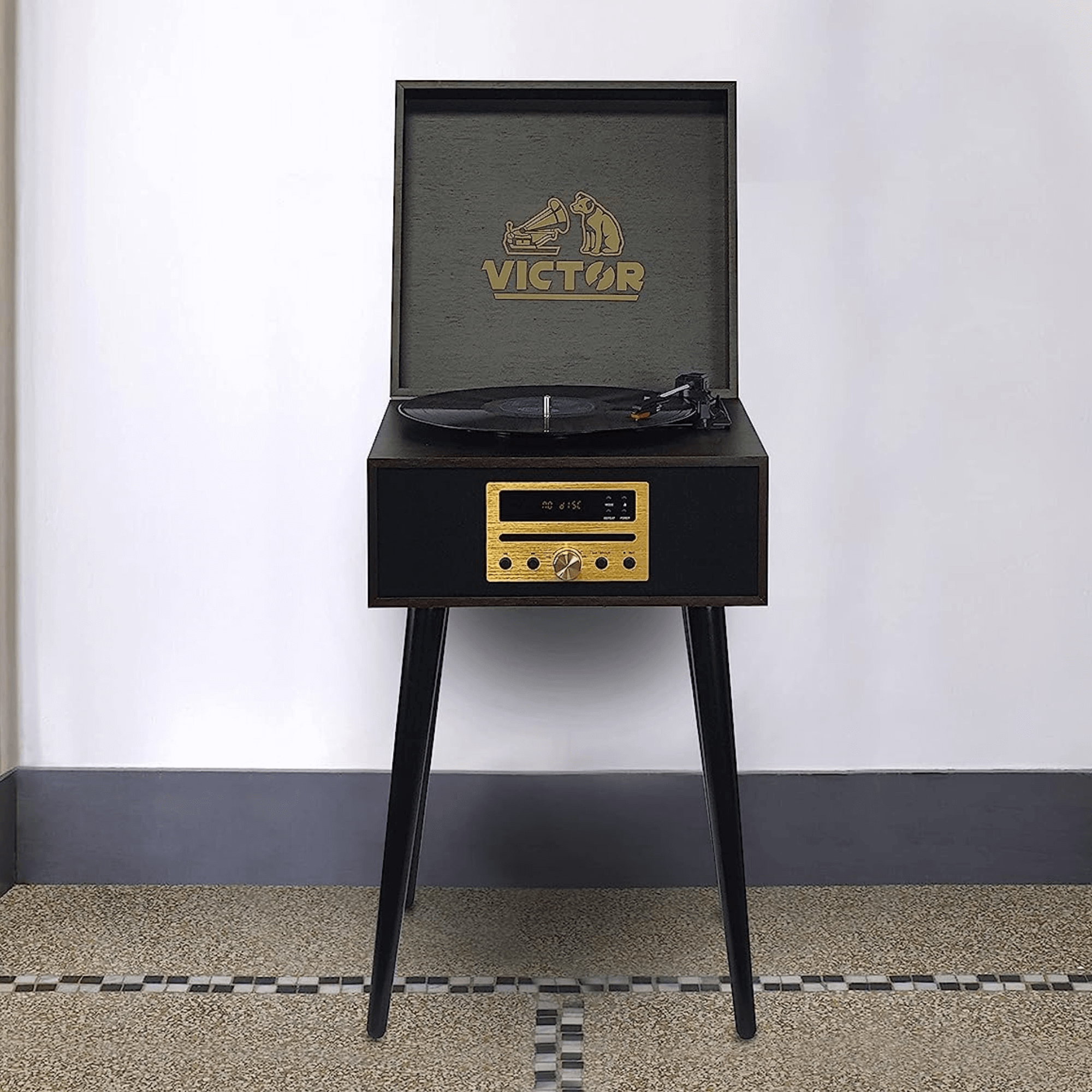 Victor Newbury 8-in-1 Music Center w Chair-Height Legs, USB Slot & AM FM Radio