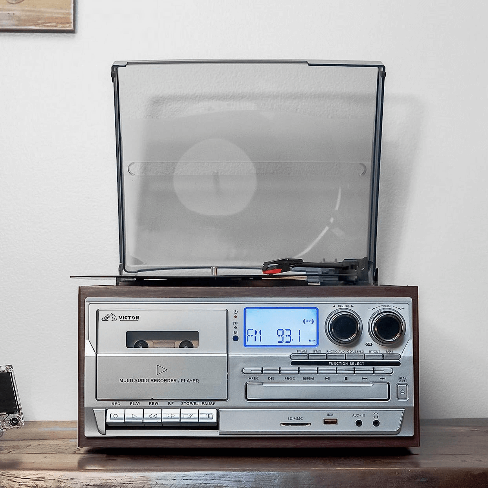 Victor Cosmopolitan 8-in-1 Turntable Music Center with Bluetooth, USB & Cassette