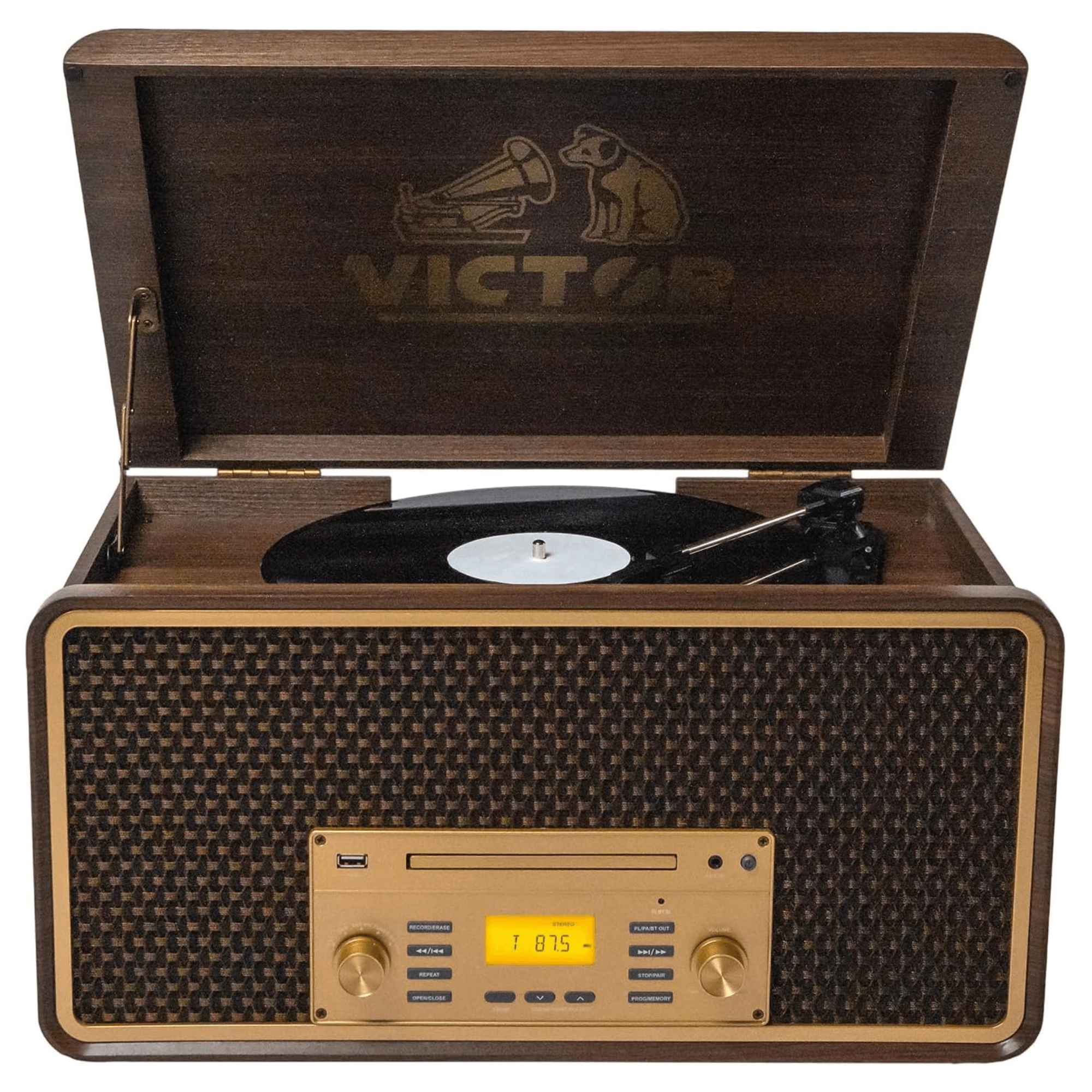 Victor Monument 8-in-1 Wood Music Center with 3-Speed Turntable & Dual Bluetooth