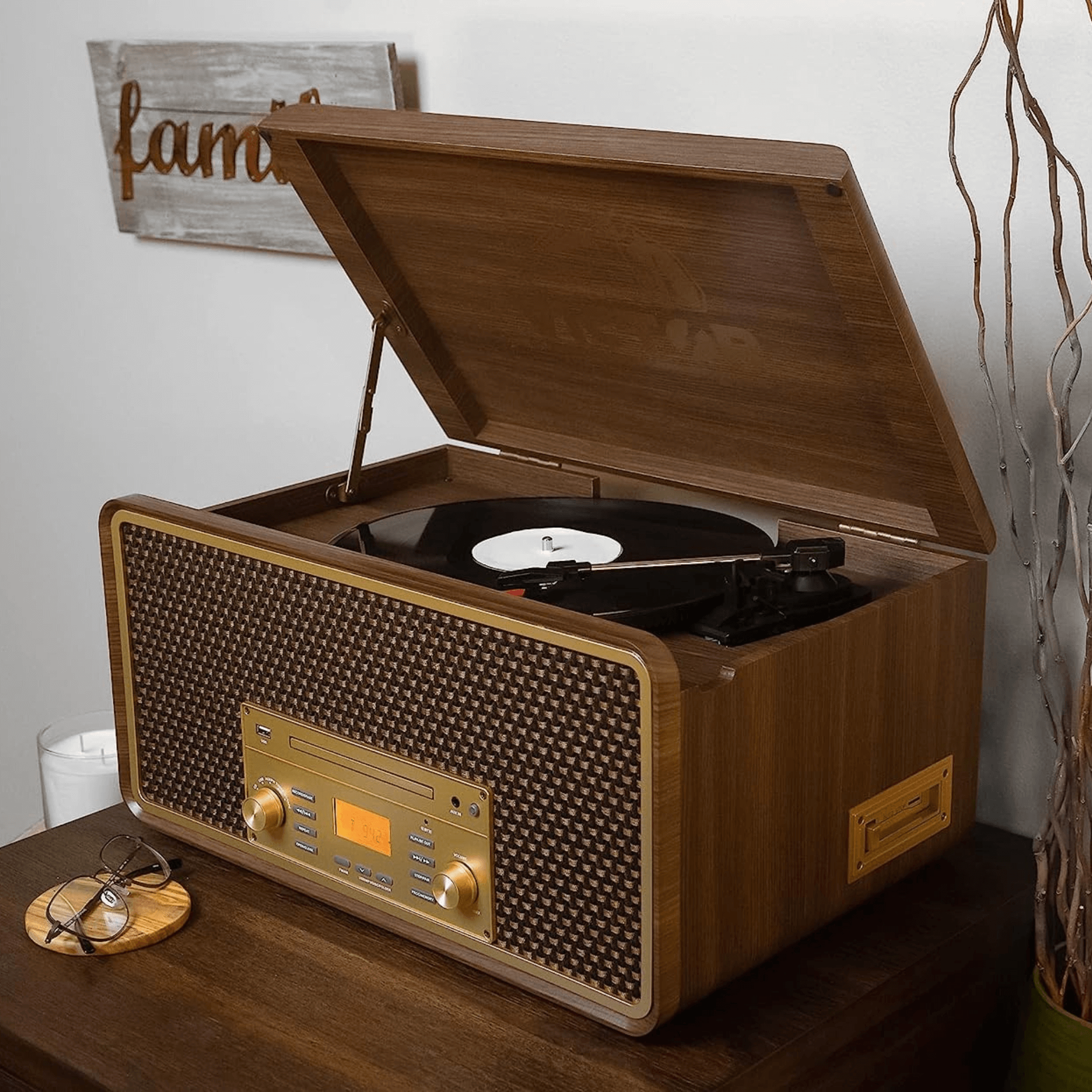 Victor Monument 8-in-1 Wood Music Center with 3-Speed Turntable & Dual Bluetooth