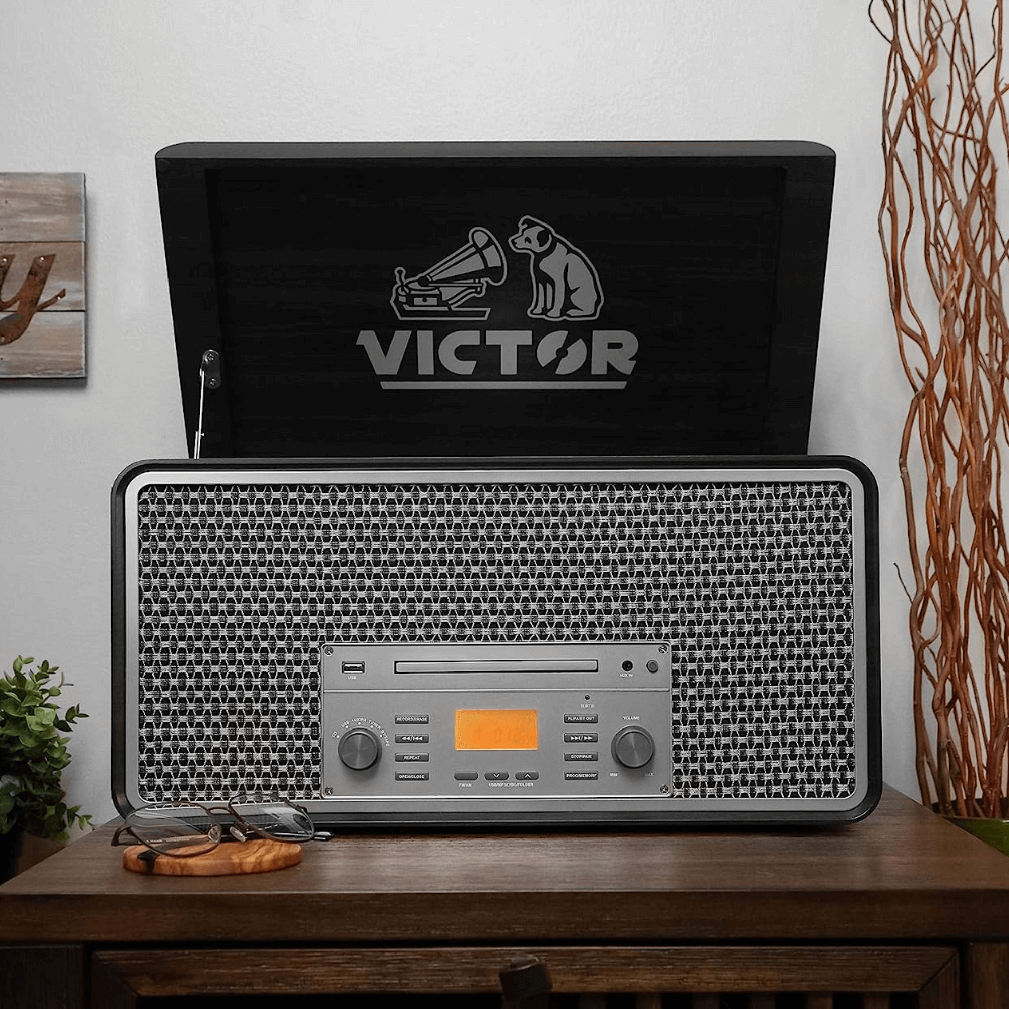 Victor Monument 8-in-1 Wood Music Center with 3-Speed Turntable & Dual Bluetooth