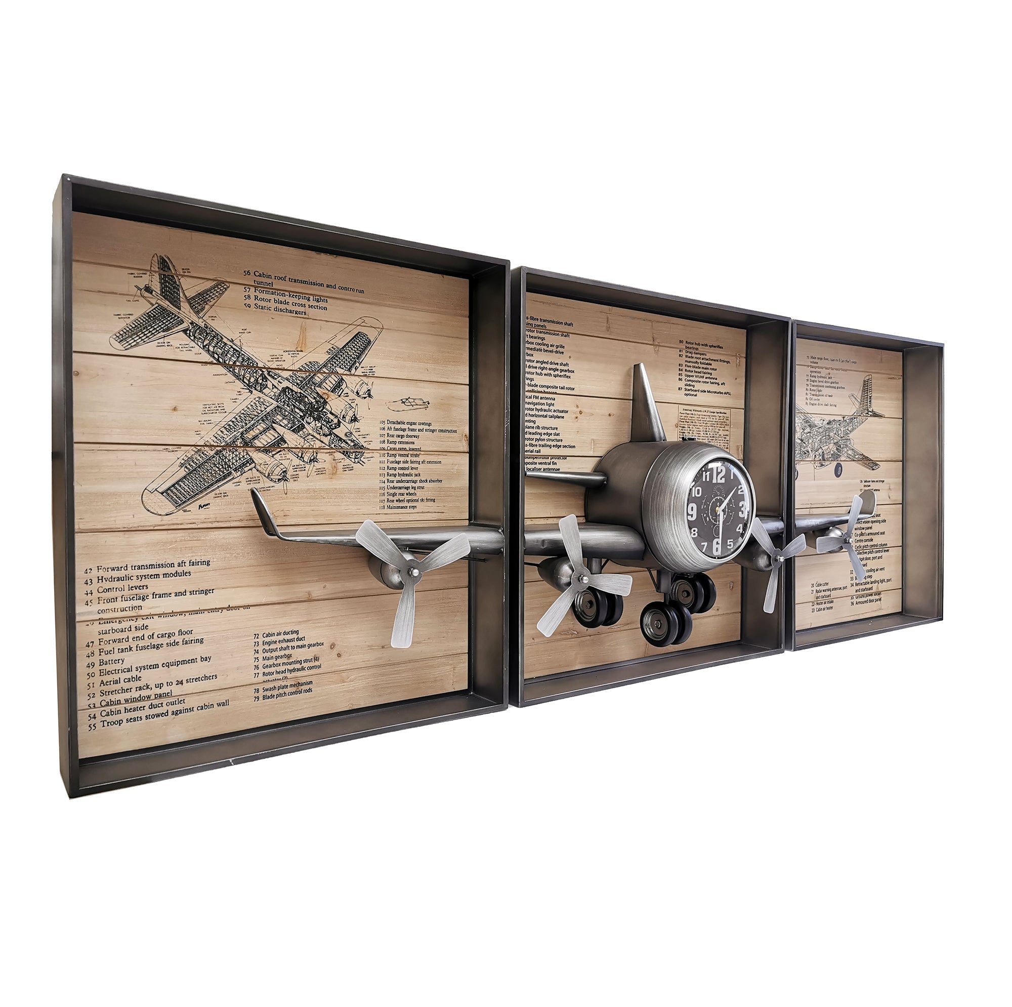 Metallic Vintage Airplane Wall Art with Clock, Set of 3 by Peterson Housewares & Artwares