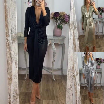 Women's Sexy V-neck Solid Color Bronzing Skinny Sheath Dress