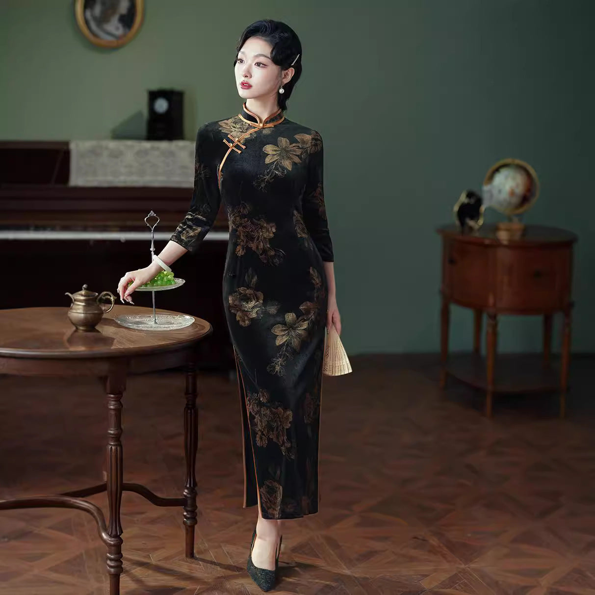 Autumn And Winter New Velvet Cheongsam Retro The Republic Of China Style Two-piece Set