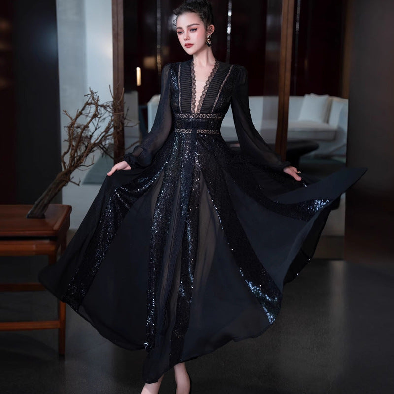 V-neck Long Sleeve Big Hem Dress