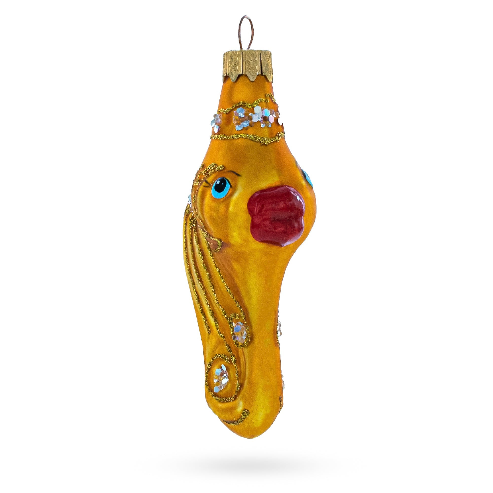 Gold Fish with Red Lips and Blue Eyes Glass Christmas Ornament