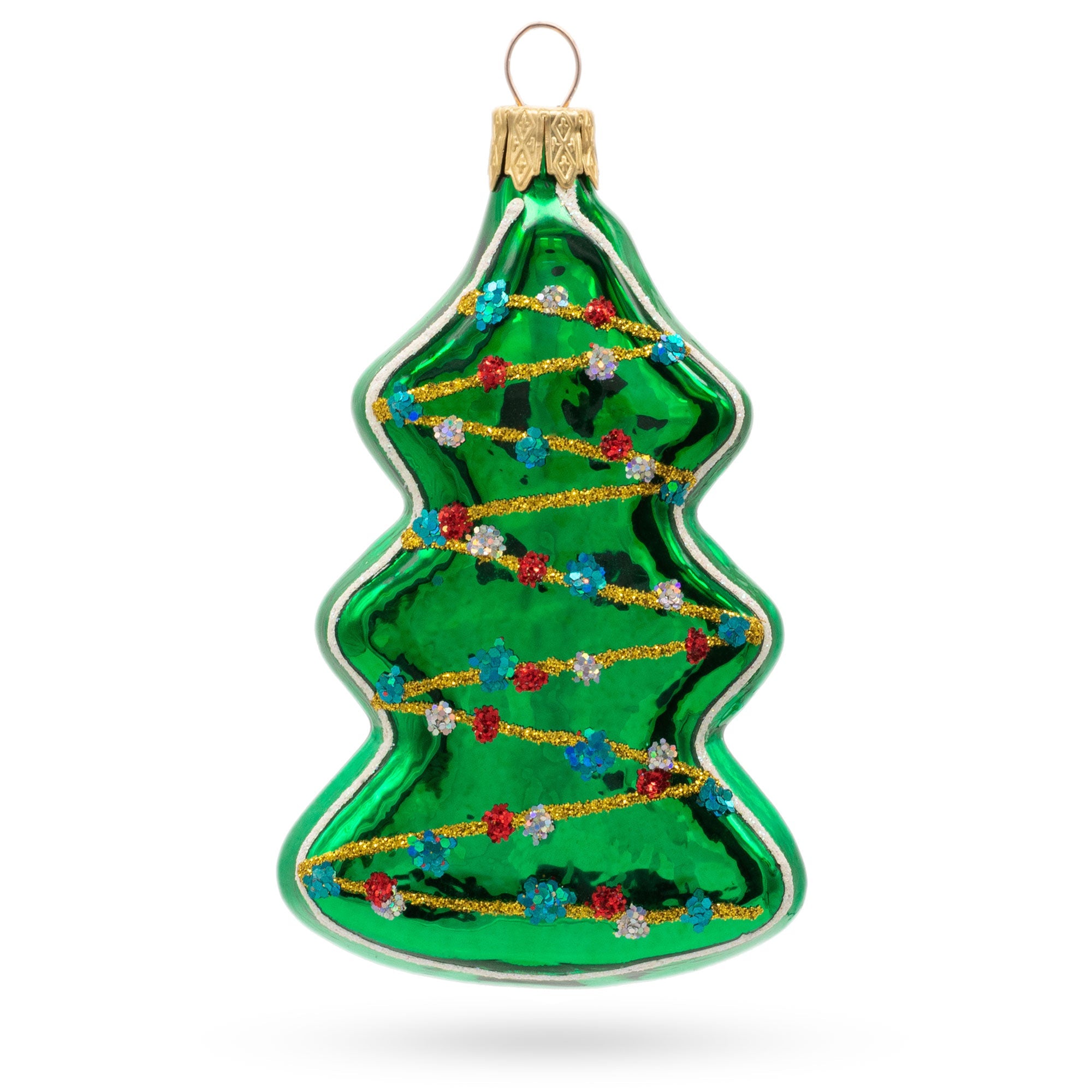 Green Tree with Gold Garland Glass Christmas Ornament