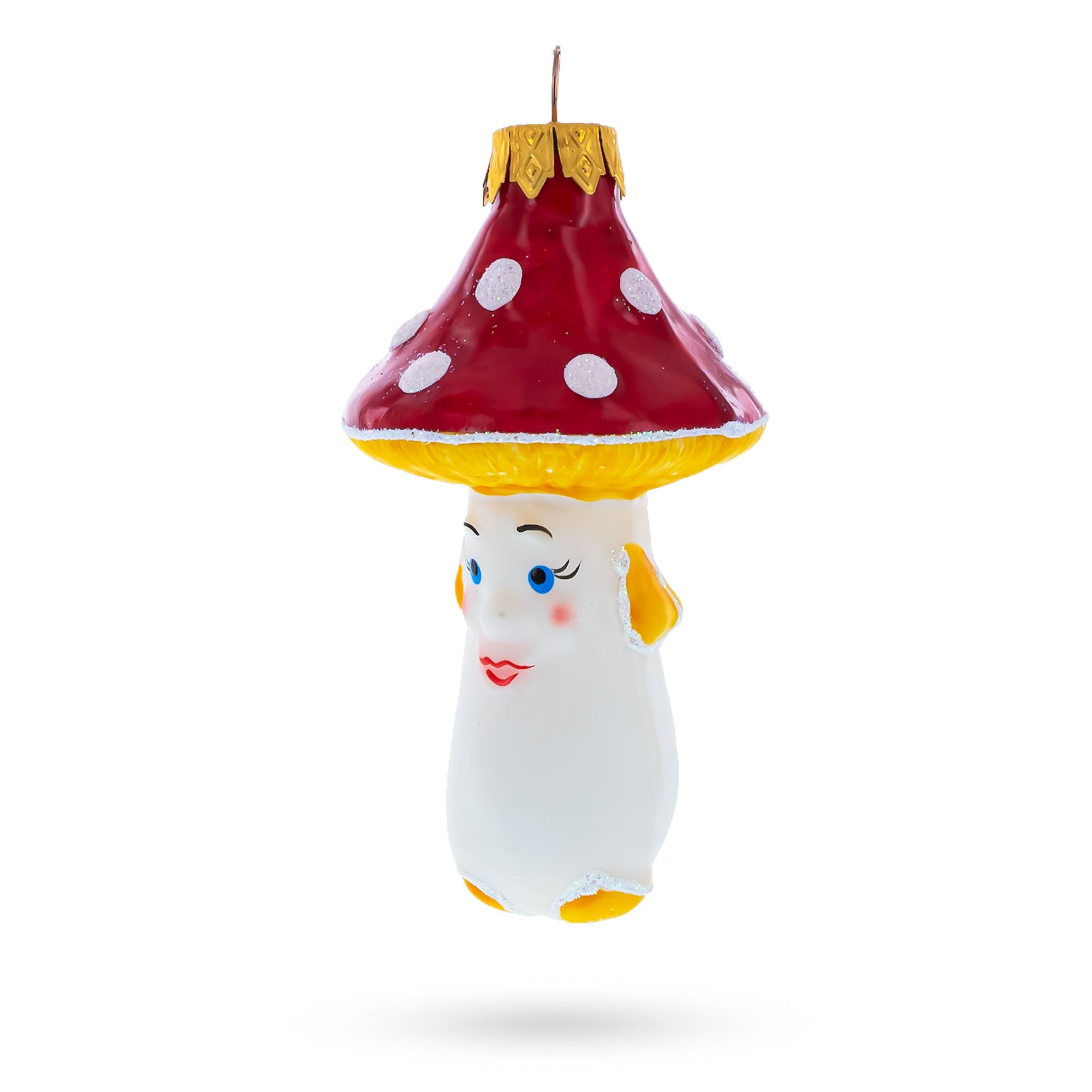 Mushroom with Red Cap and White Dots Glass Christmas Ornament