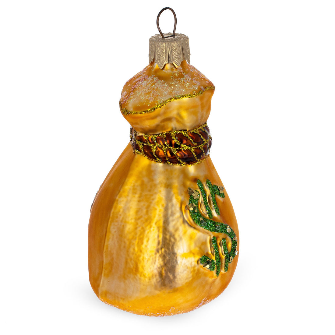 Gold Money Bag With Green Dollar Sign Glass Christmas Ornament