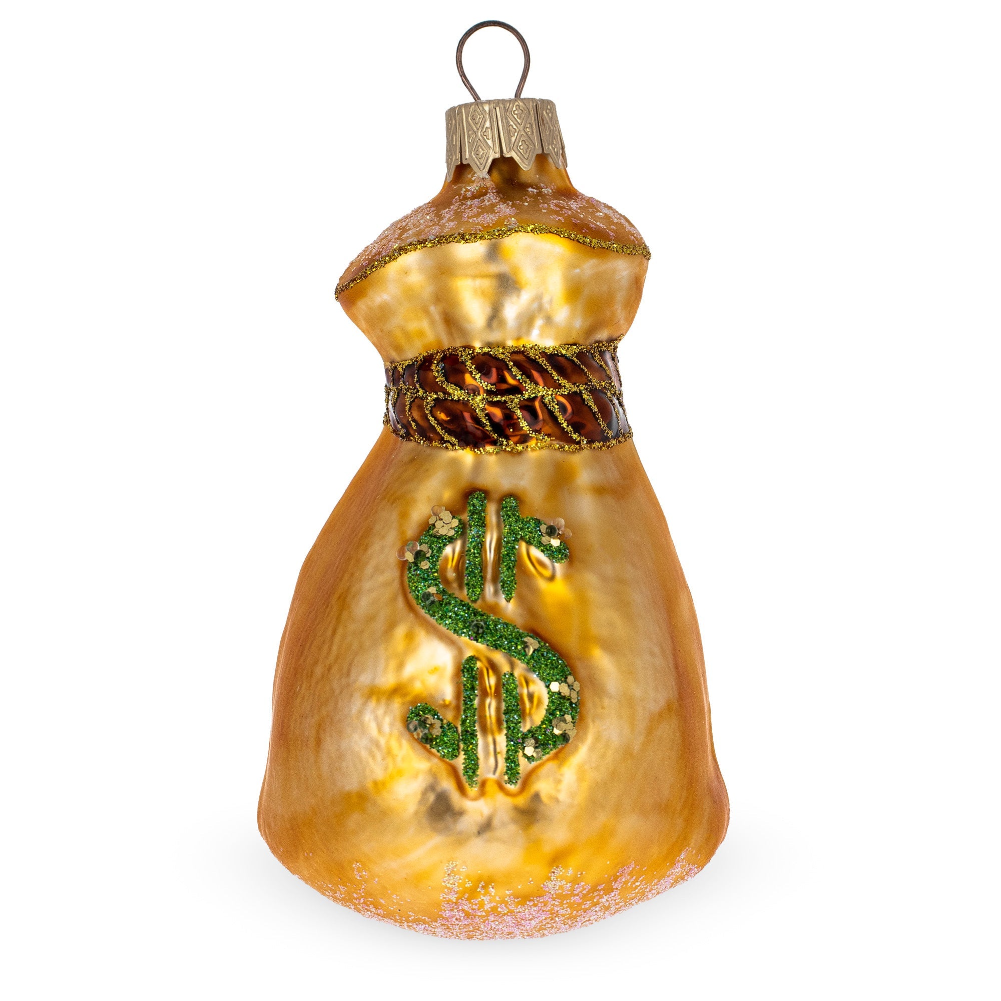 Gold Money Bag With Green Dollar Sign Glass Christmas Ornament