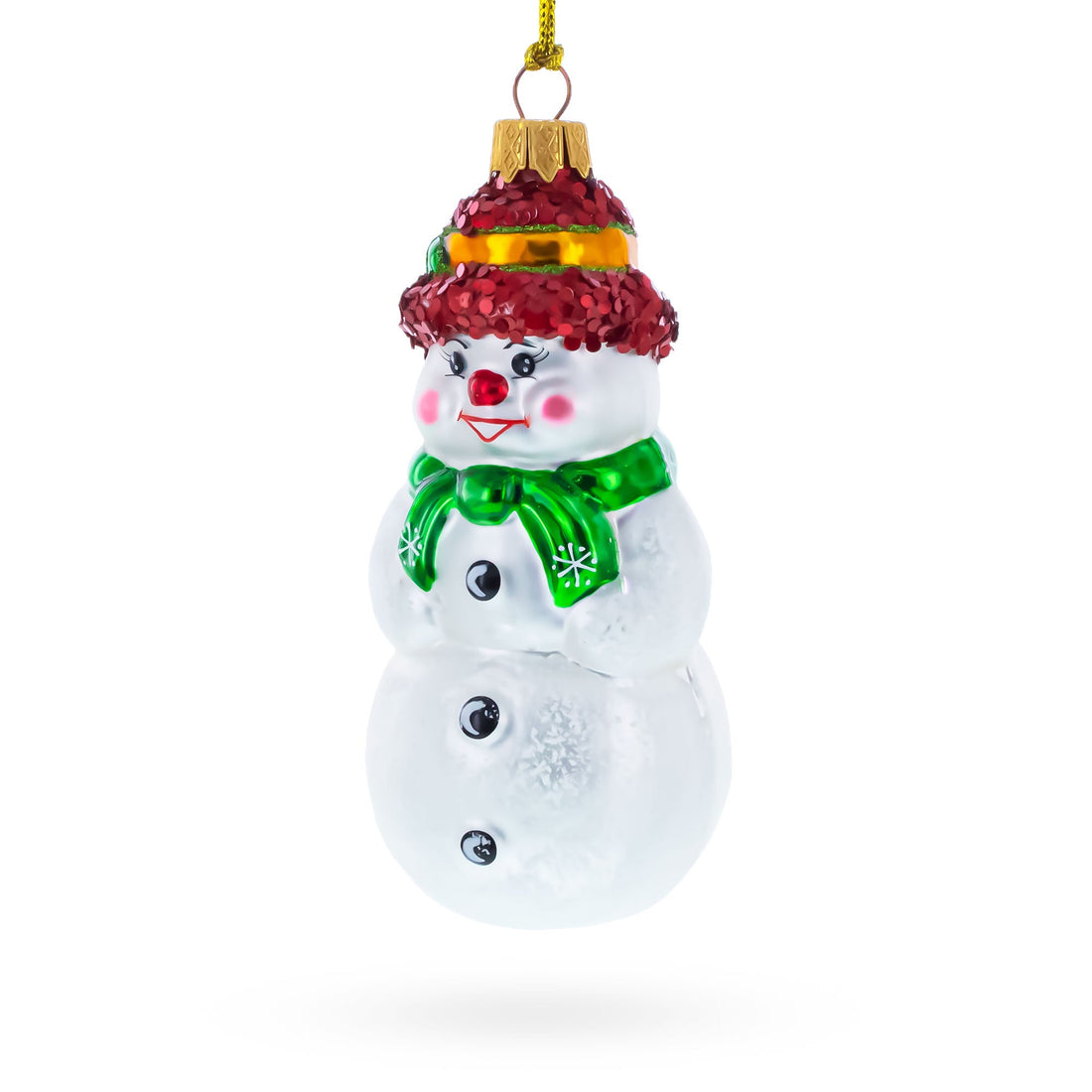 Snowman With Black Buttons and Red Nose Glass Christmas Ornament