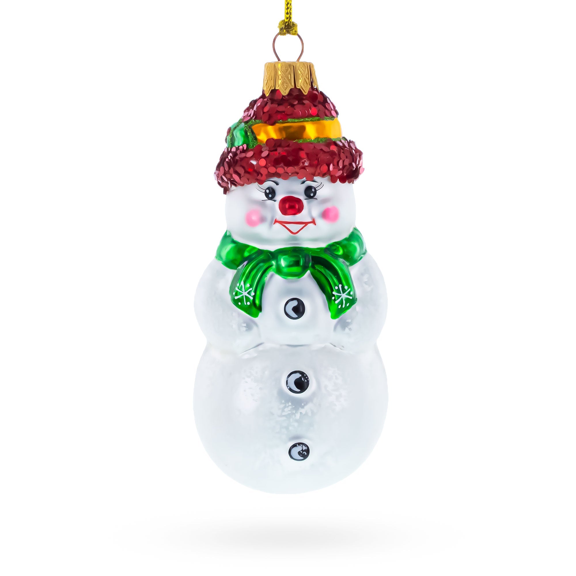 Snowman With Black Buttons and Red Nose Glass Christmas Ornament