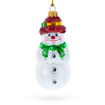 Snowman With Black Buttons and Red Nose Glass Christmas Ornament