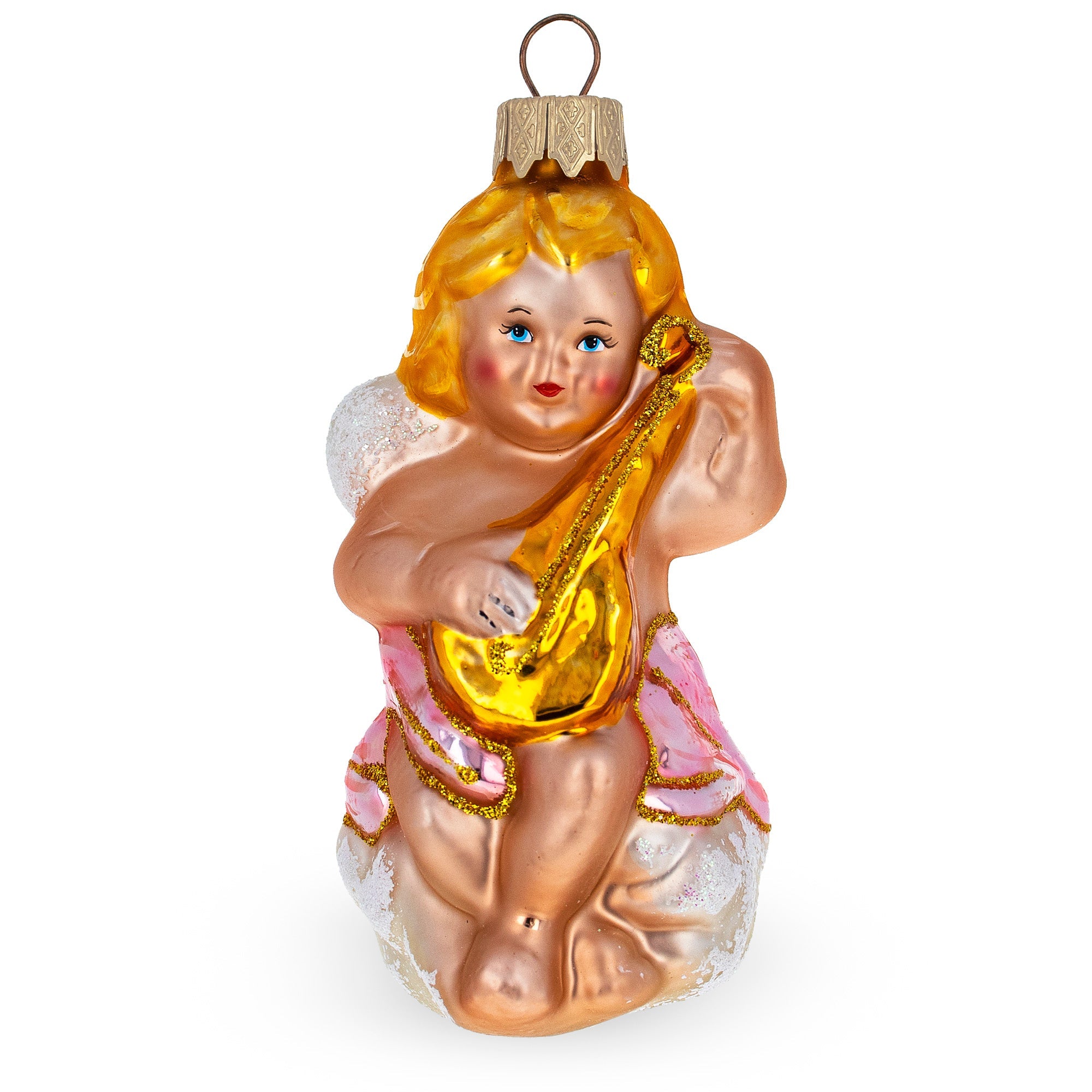 Cherub Angel Musician Playing Golden Mandolin Glass Christmas Ornament