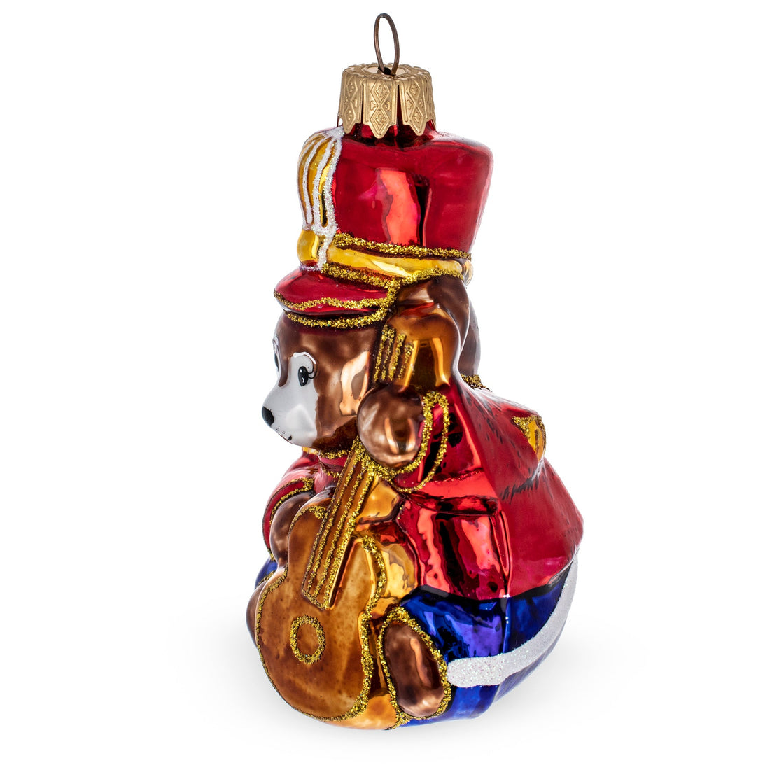 Teddy Bear Soldier with Guitar Glass Christmas Ornament