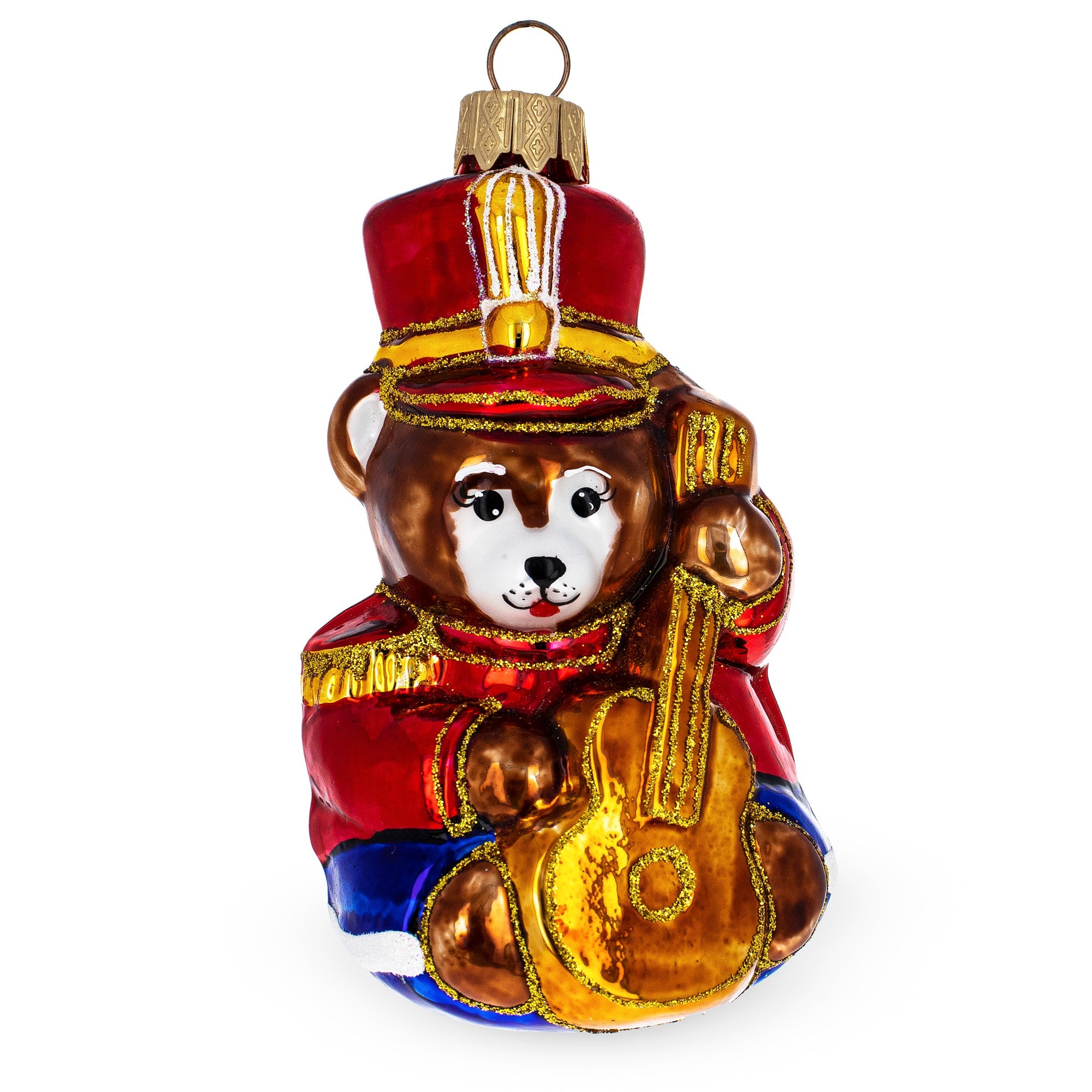 Teddy Bear Soldier with Guitar Glass Christmas Ornament