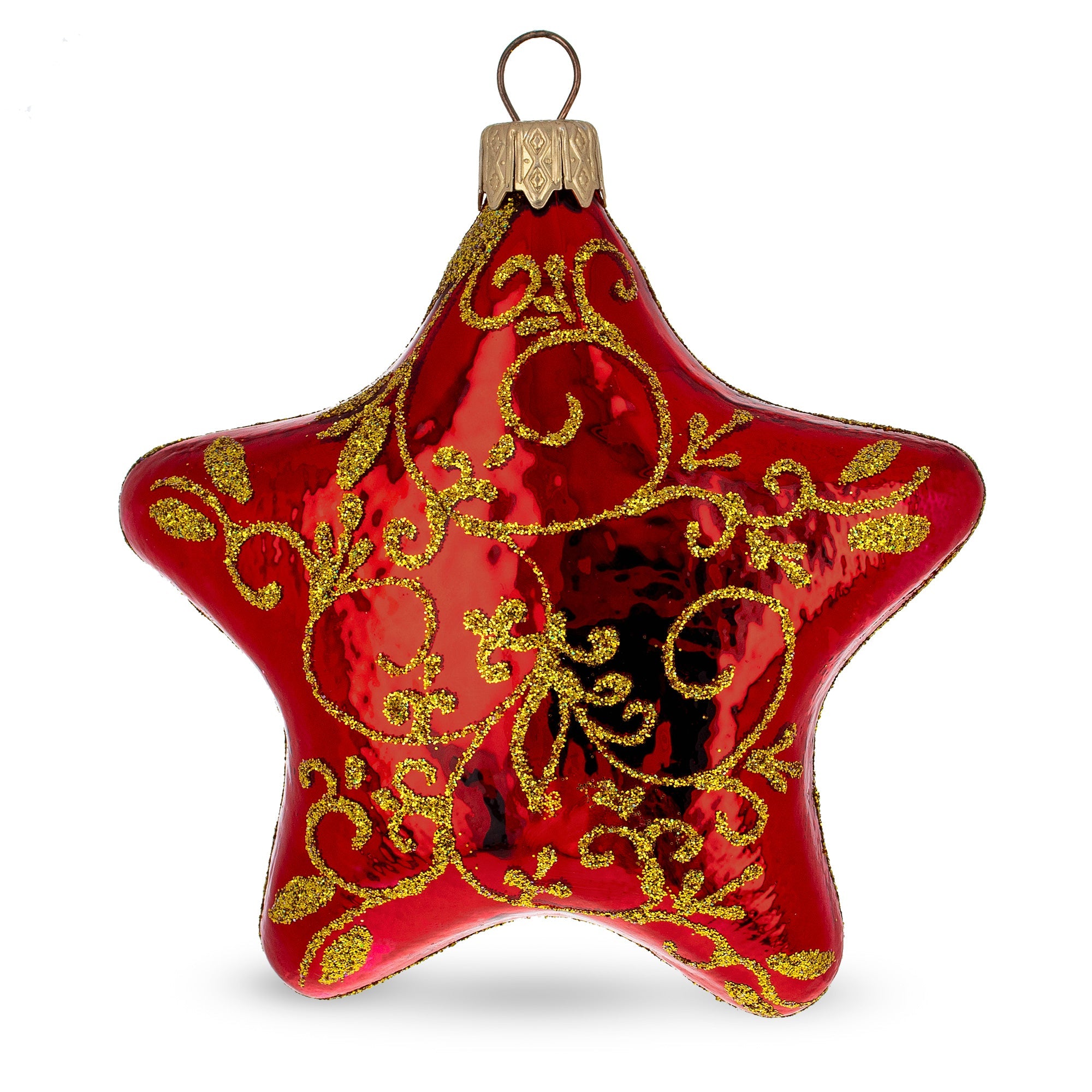 Glossy Red Star with Gold Pattern Glass Christmas Ornament