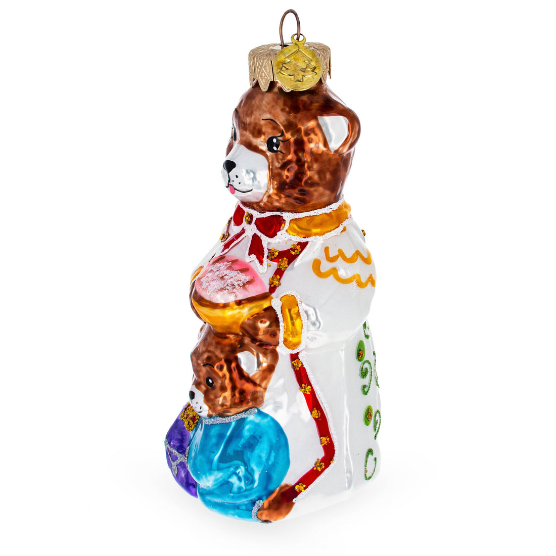 Mother Bear and Cub in Traditional Dress Glass Christmas Ornament