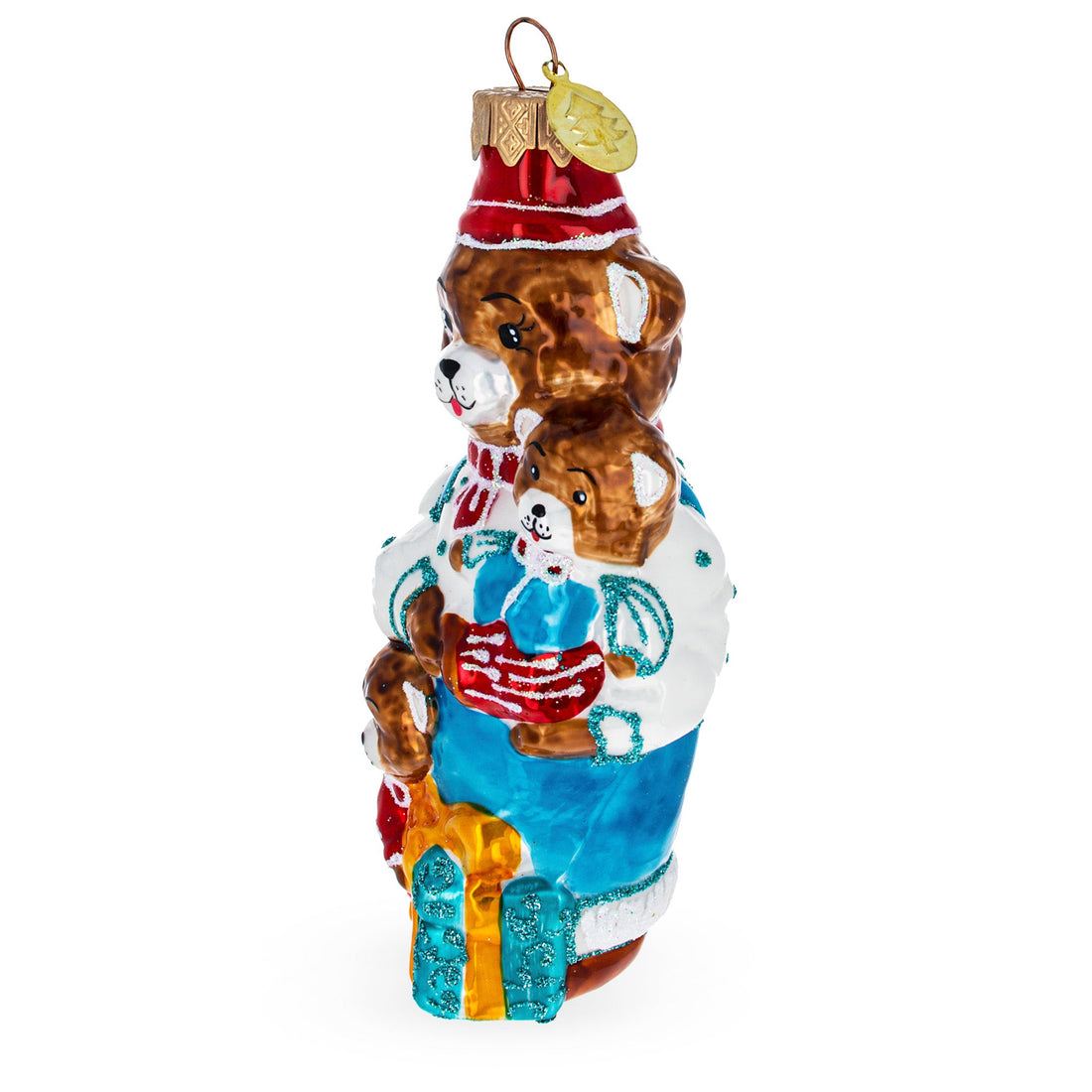 Father Bear with Cubs in Traditional Dress Glass Christmas Ornament