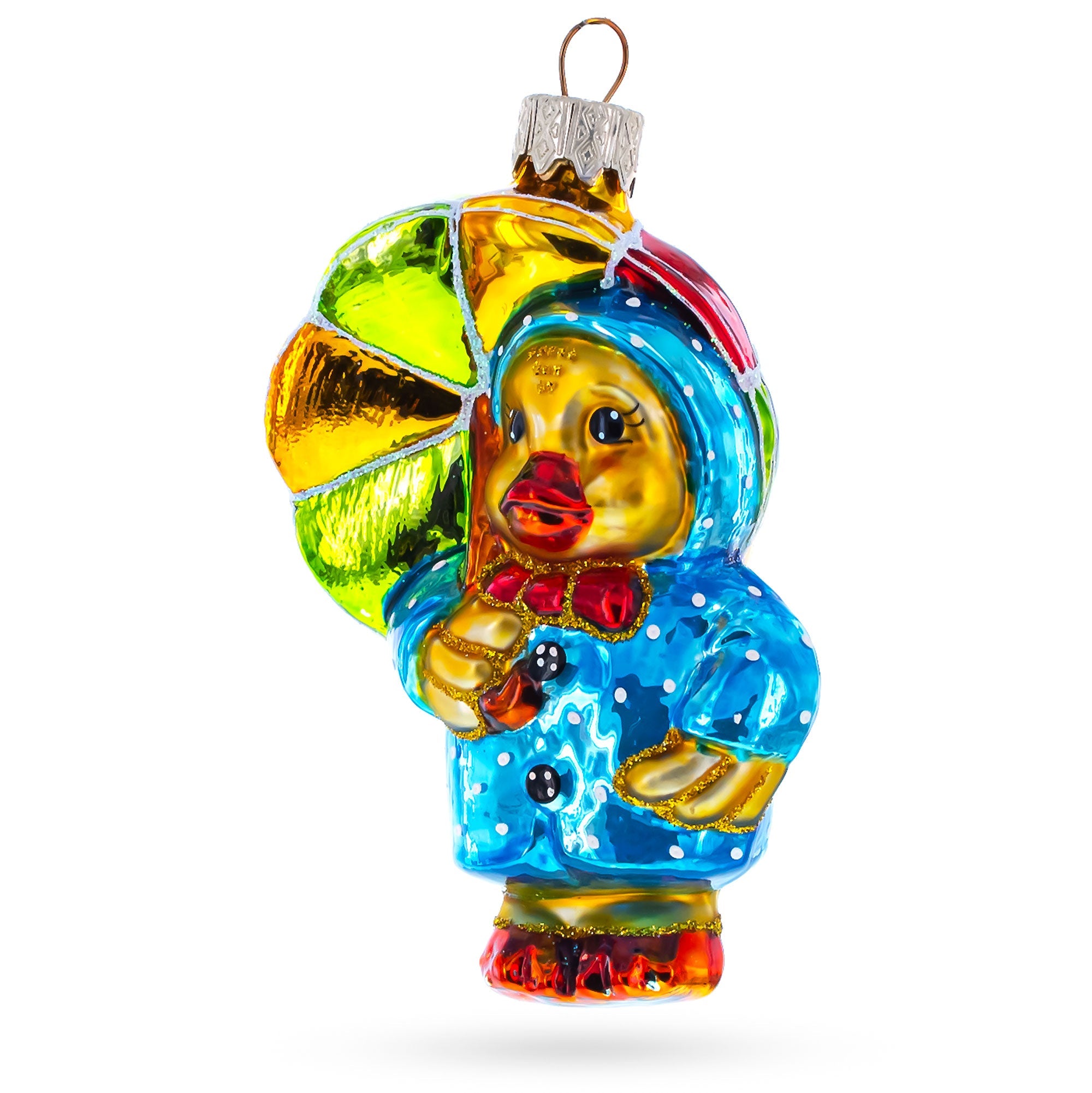 Duckling Wearing Raincoat with Umbrella Glass Christmas Ornament