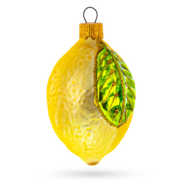 Lemon with Green Leaf Glass Christmas Ornament 3.7 Inches