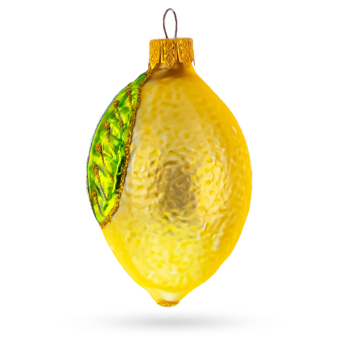 Lemon with Green Leaf Glass Christmas Ornament 3.7 Inches