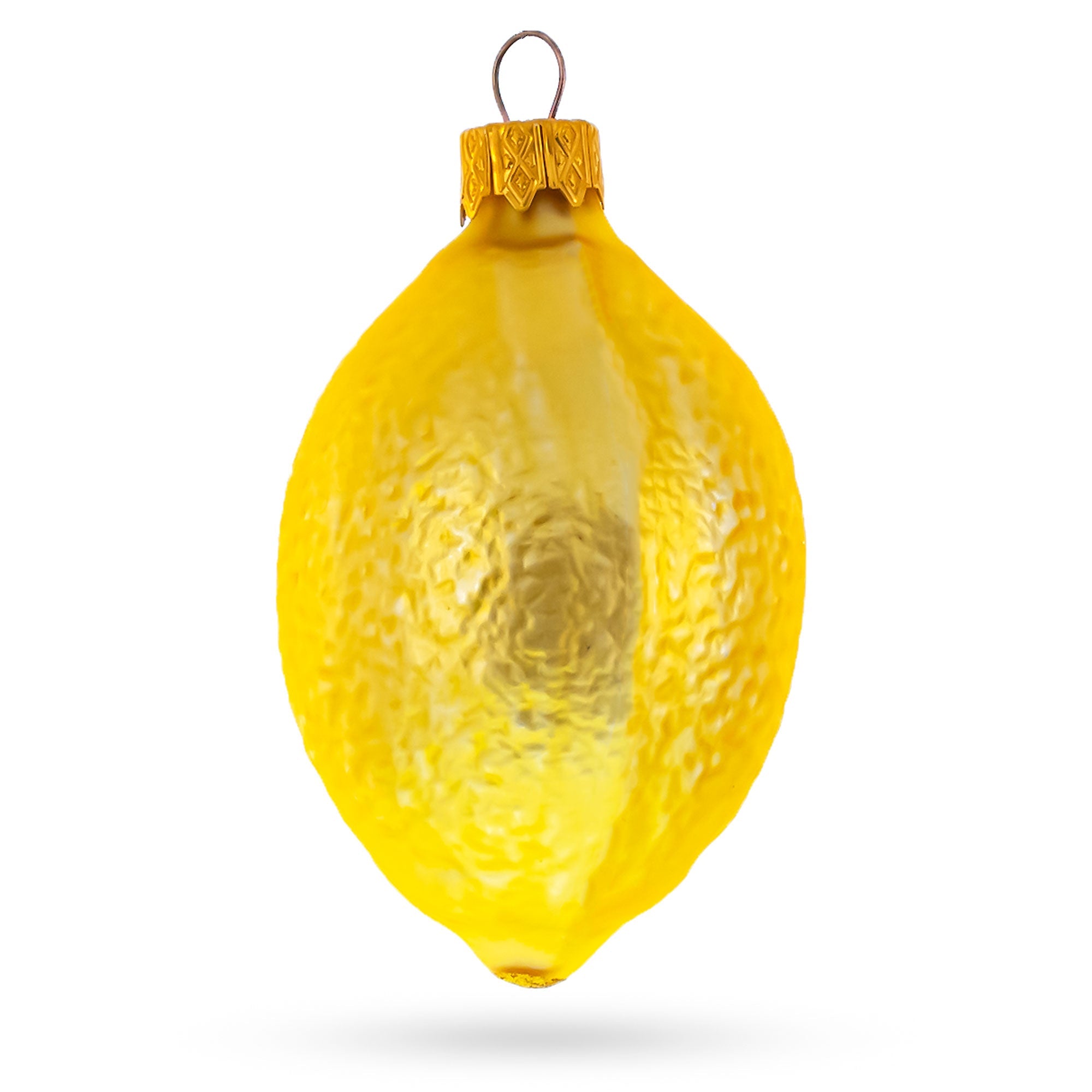 Lemon with Green Leaf Glass Christmas Ornament 3.7 Inches