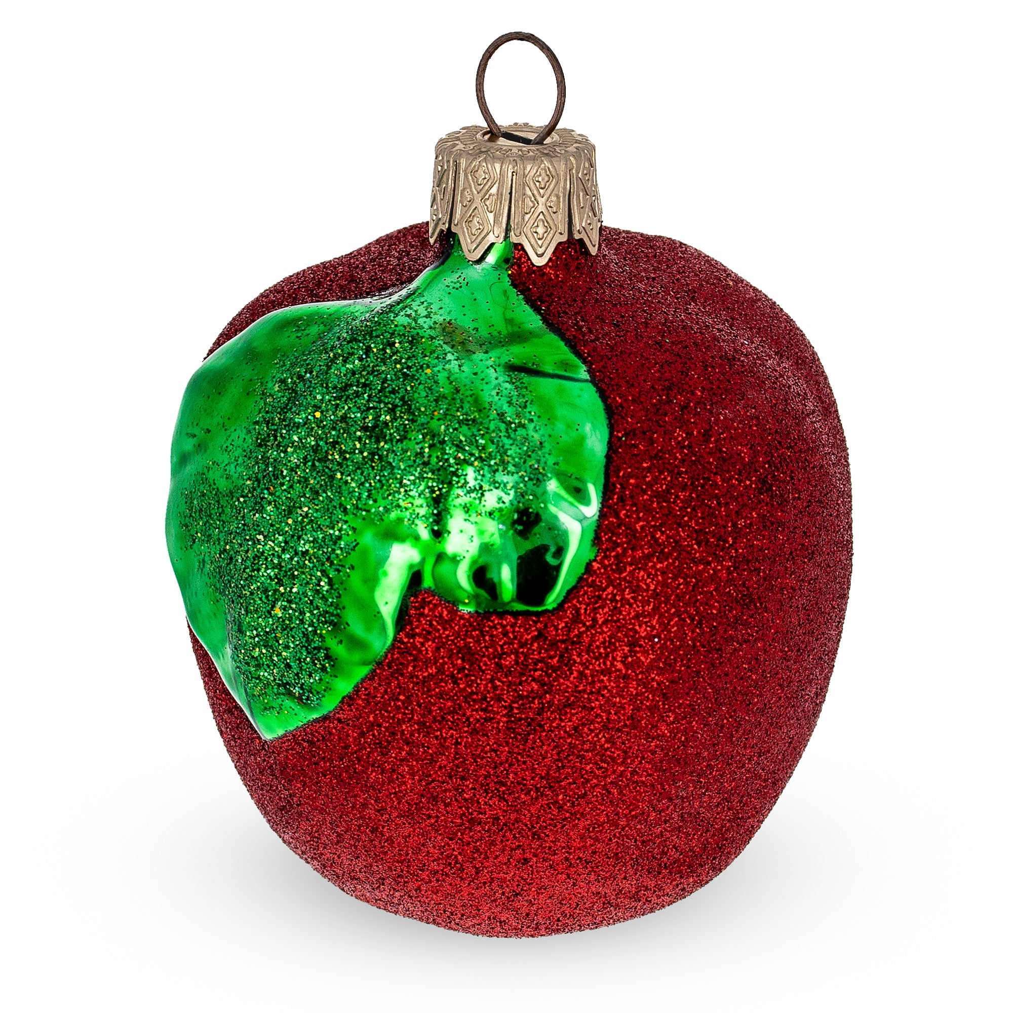 Red Apple with Green Leaf Glass Christmas Ornament