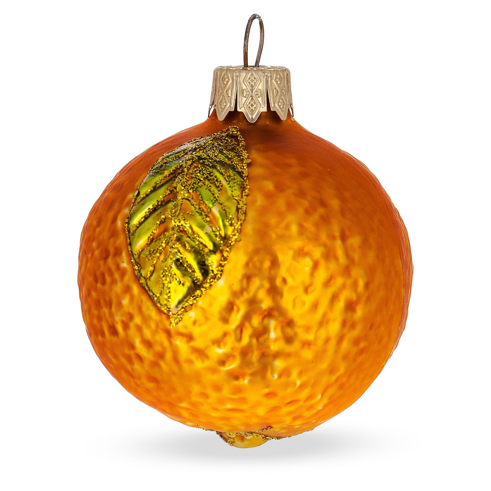 Orange with Shiny Leaf Glass Christmas Ornament 3 Inches