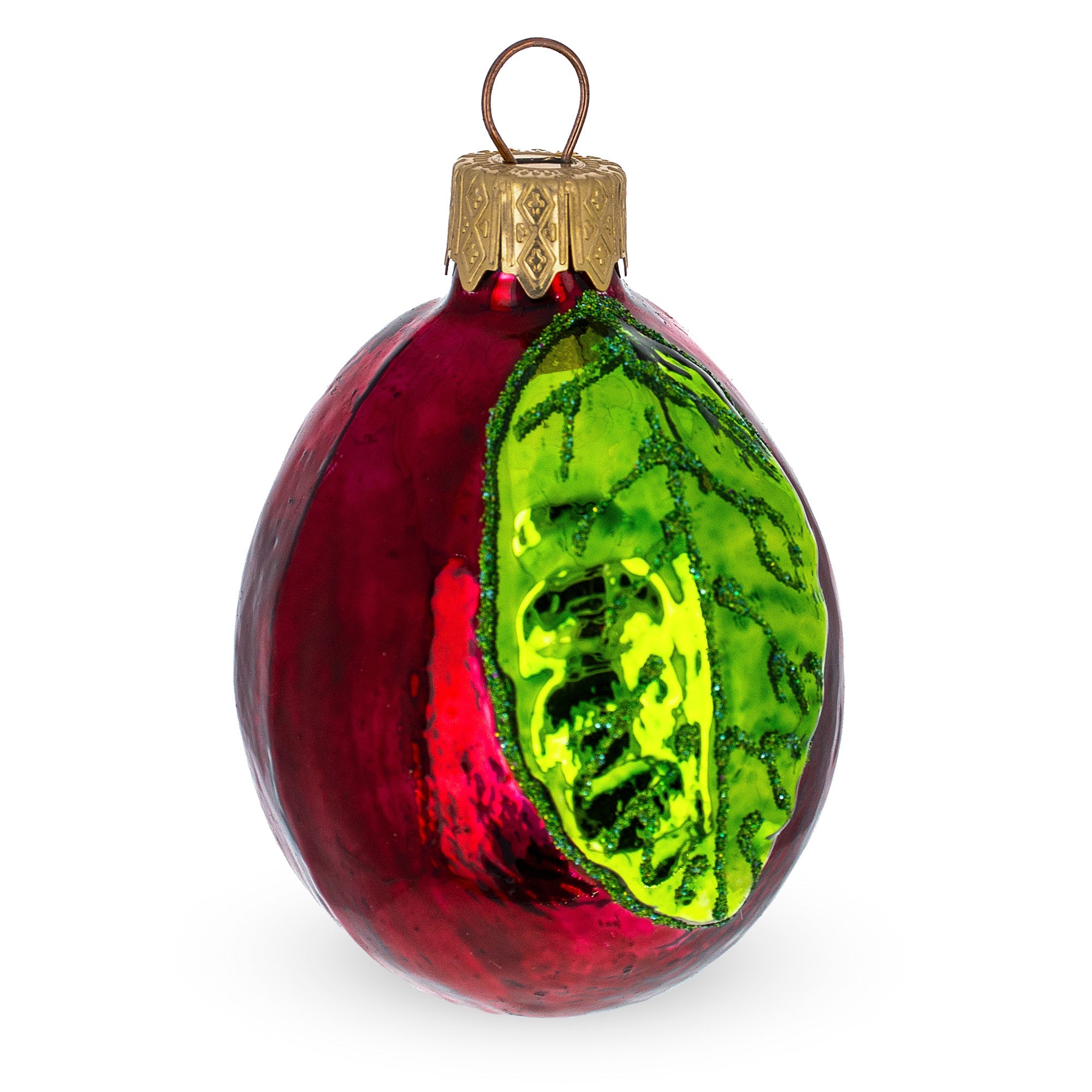 Red Plum with Green Leaf Glass Christmas Ornament