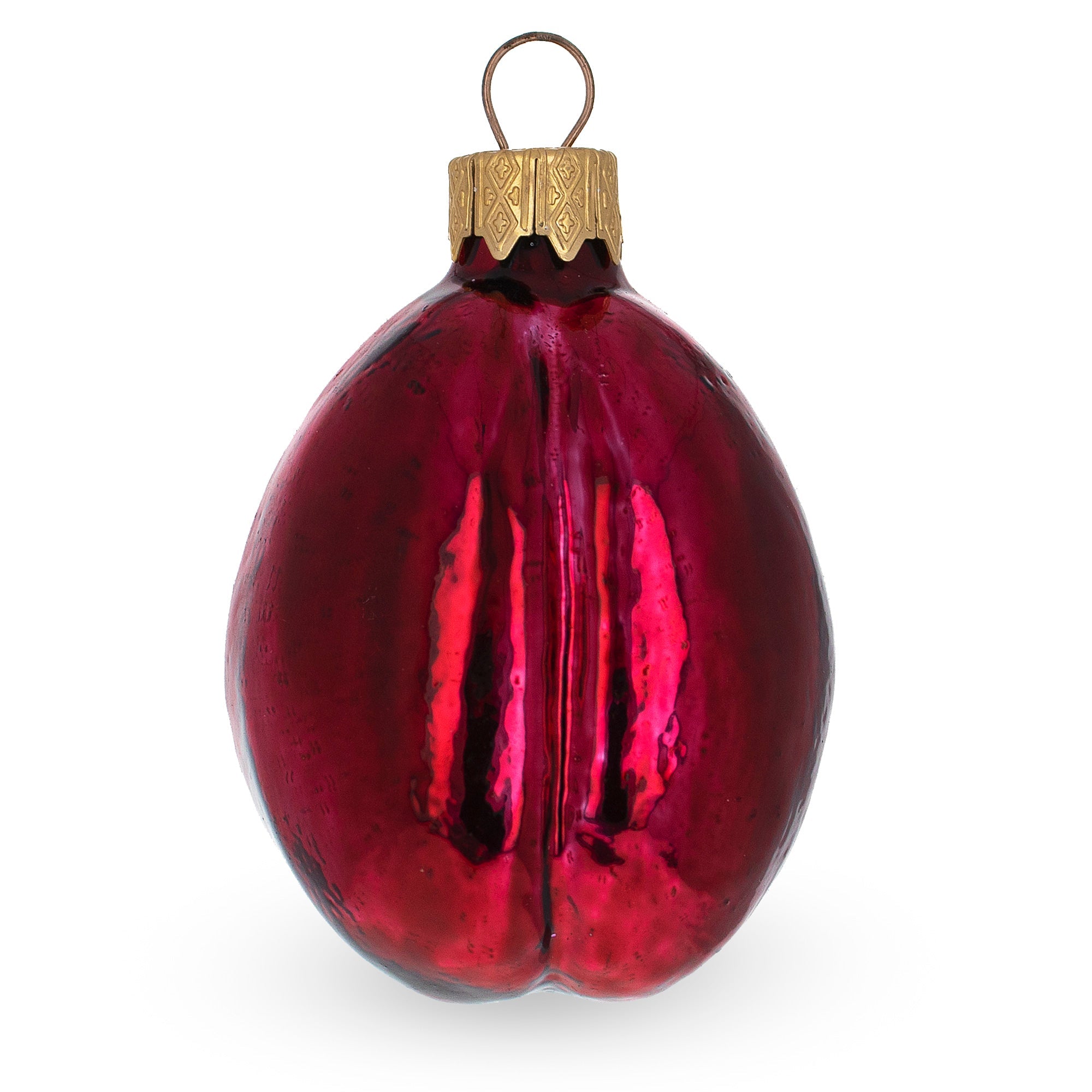 Red Plum with Green Leaf Glass Christmas Ornament