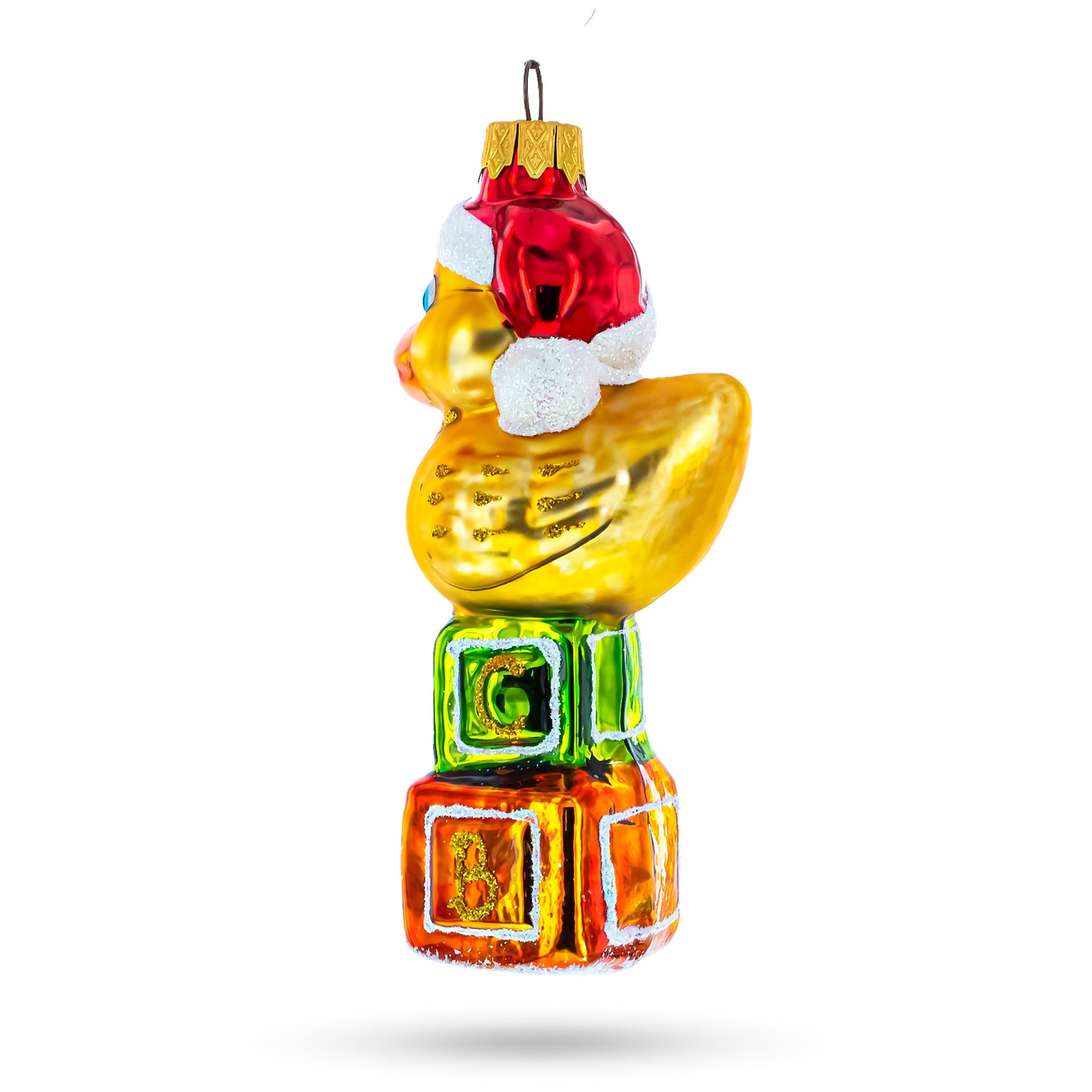 Yellow Duck in Santa Hat on Letter Blocks Glass Christmas Ornament