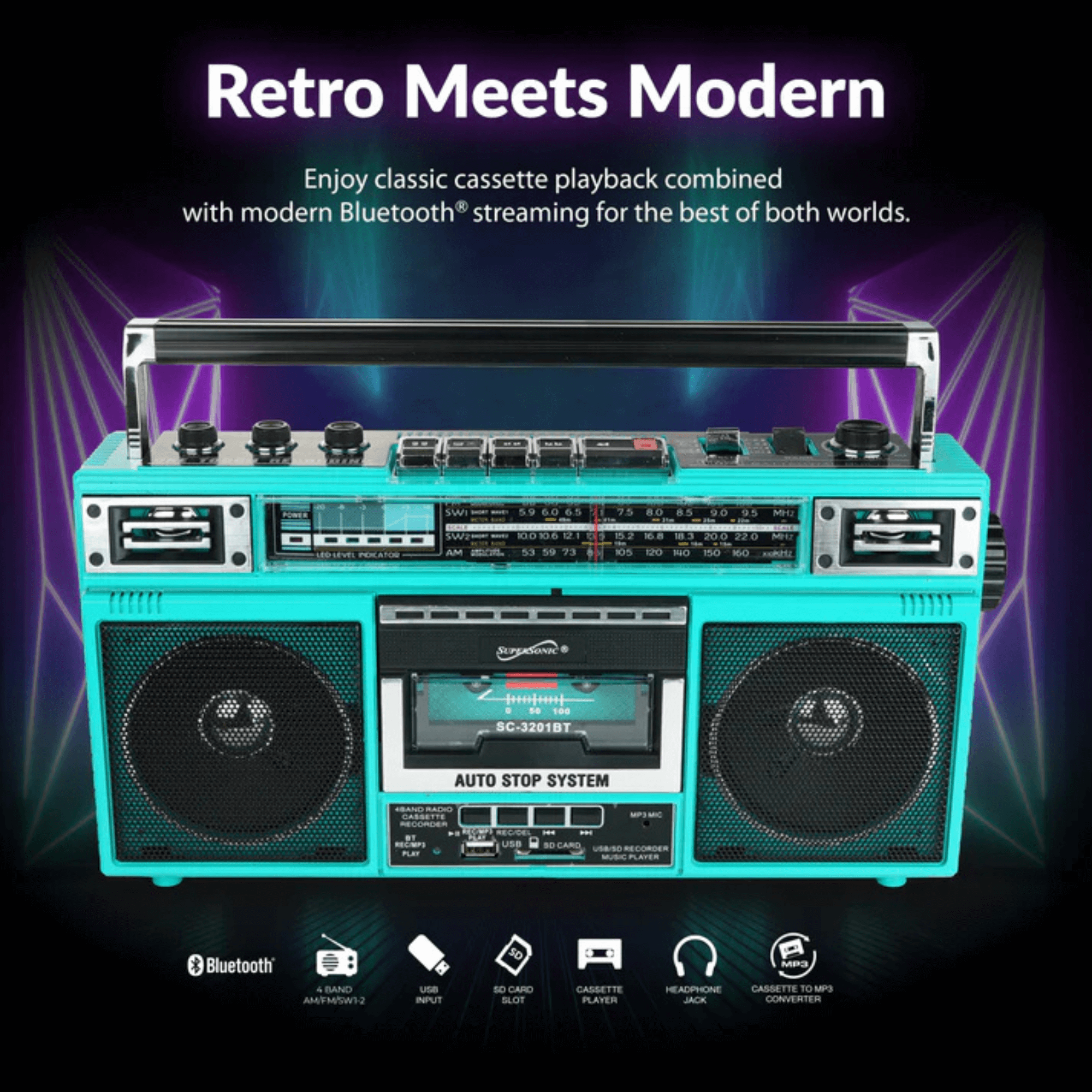 Supersonic 4 Band Bluetooth Radio & Cassette Player + Cassette To Mp3 Converter
