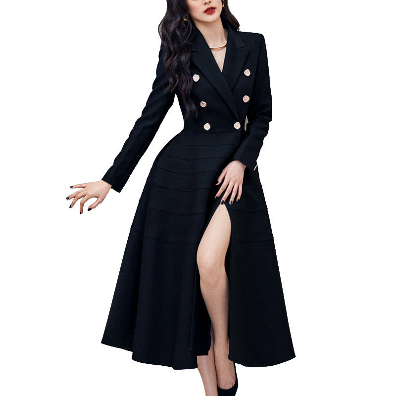 Women's Black Long Sleeve Rhinestone Buttons Split Waist Fitted Slimming Large Hem Dress