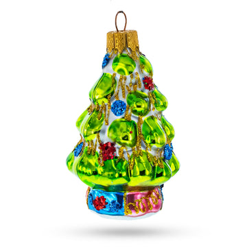 Tree Adorned with Golden Garland Glass Christmas Ornament