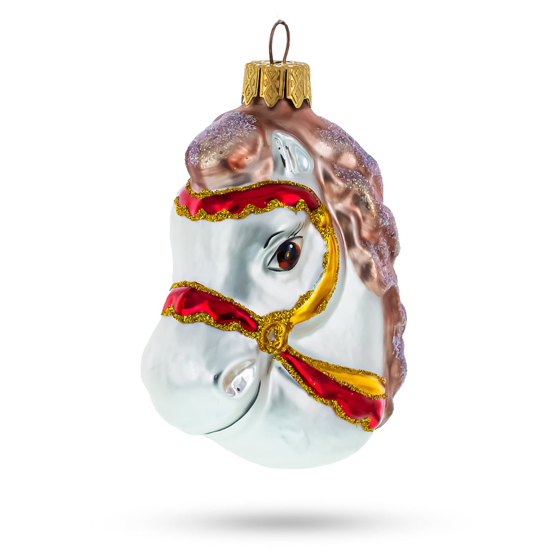 White Horse Head with Golden Bridle Glass Christmas Ornaments
