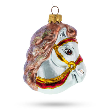 White Horse Head with Golden Bridle Glass Christmas Ornaments
