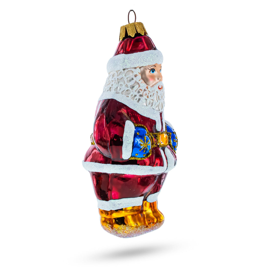 Santa with Blue Mittens Glass Christmas Ornament